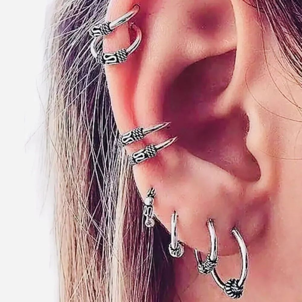 Antique Silver Hoops Earrings with Ear Cuffs 8pc Set NEW